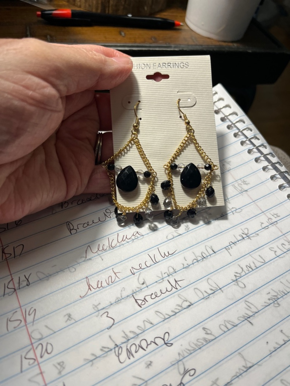 Gold Chain Teardrop Earrings with Black Beads 1525